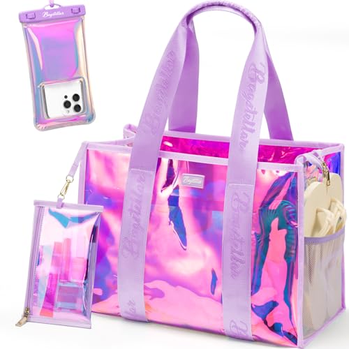 Bagstellar Iridescent Beach Tote Bags for Women, Large Zipper Beach Pool Swim Bag with Makeup Bag & Waterproof Phone Pouch...