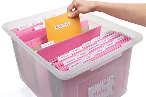 Kid's Craft Memory Keepsake Organizer Box - Clear Storage Latching Bin with Hanging File Folders and Custom Tab Inserts (P...