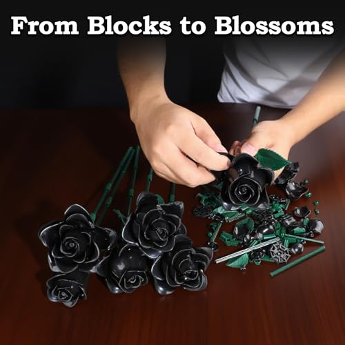 12 Black Roses Building Block Bouquet Set, 585 PCS Artificial Flowers– Symbol of Mystery, Elegance & Transformation – Goth...