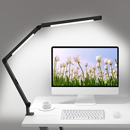 LED Desk Lamp with Clamp, Architect Desk Lamp with Dual Light and Adjustable Swing Arm, Clip-on Eye-Care 4 CCT Modes & 5 B...