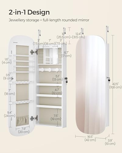 SONGMICS Jewelry Organizer, LED Jewelry Cabinet Wall/Door Mounted, Lockable Rounded Wide Mirror with Storage, Interior Mir...