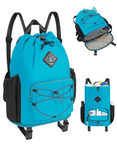 WANDF Drawstring Backpack with Removable Wet Pocket, Sandproof Beach Backpack with Bottom Compression Strap for Beach Mat,...