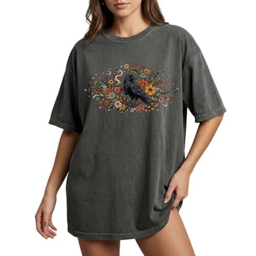 Retro Crow Coffee Design - Womens Comfort Colors - Pepper Grey Floral Raven Botanical Graphic Tee