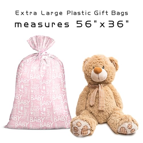 Loveinside Pink Jumbo Large Plastic Gift Bag, Baby Girl Design Plastic Bag with Tag and Tie for Birthday, Baby Shower and ...