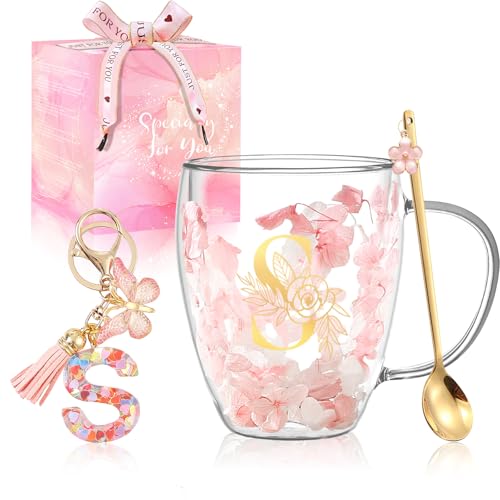 Gifts for Women Double Wall Flower Glass Coffee Mug Initial Glass Cup Personalized Monogrammed Birthday Wedding Christmas ...