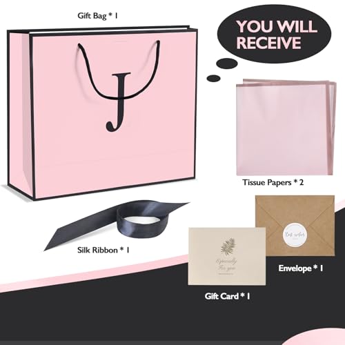 QLSKO Personalized Initial Paper Bag for Women Grils,Monogrammed Gift Bag with Bow Ribbon,Wrapping Tissue and Card Matchin...