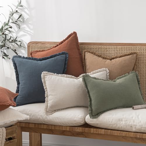 MIULEE Decorative Throw Pillow Covers Neutral Linen Fringe Throw Pillows Set of 2 Natural Beige Boho Farmhouse Cushion Cov...
