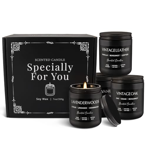 Scented Candles Gift Set - 4 Pack (7oz Each) Soy Wax Aromatherapy Candles with Essential Oils, Smokeless - Leather & Smok...