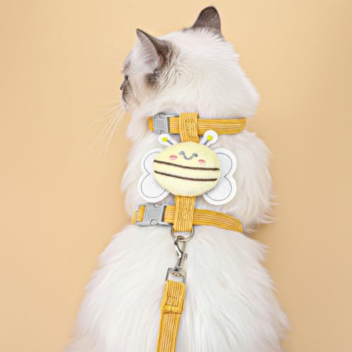 Cat Collar and Leash Set, Yellow Bee Pattern,Escape Proof Adjustable Kitten Harness, Soft Breathable Mesh for Small Cats, ...
