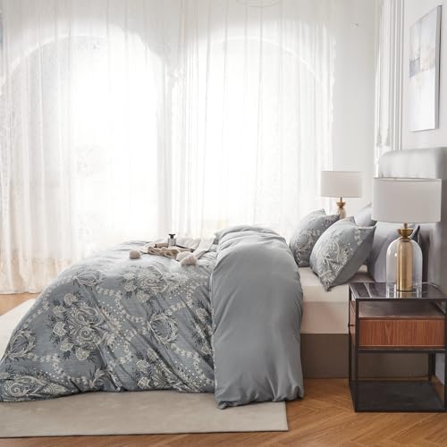 Grey Floral Duvet Cover Set Full Size Bedding Quilt Comforter Cover Reversible Duvet Covers Microfiber Bedspread Floral Be...