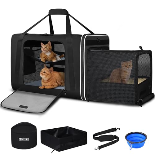 Petskd Side Expandable Extra Large Cat Carrier with Litter Box Area, 24"x17"x17" Soft-Sided Pet Carrier for 2 Cats Under 5...