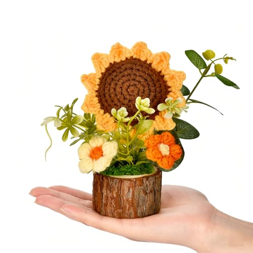 Andvon Cute Crochet Flowers Bouquet, Handmade Knitted Sunflowers with Wooden Pot, Crocheted Flower Plants Gifts for Women ...