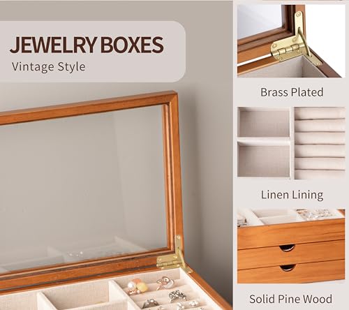 Clasin Home Jewelry Box with Glass Lid, 3 Layer Jewelry Organizer for Women, Solid Wooden Jewelry Box Display for Ring Ear...