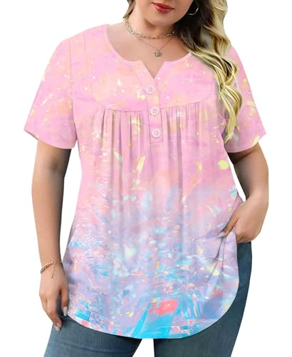 WRRH Women's Summer Short Sleeve Tunic Plus size ladies shirts Floral Blouse Loose Flowy Tops for Leggings M-4XL