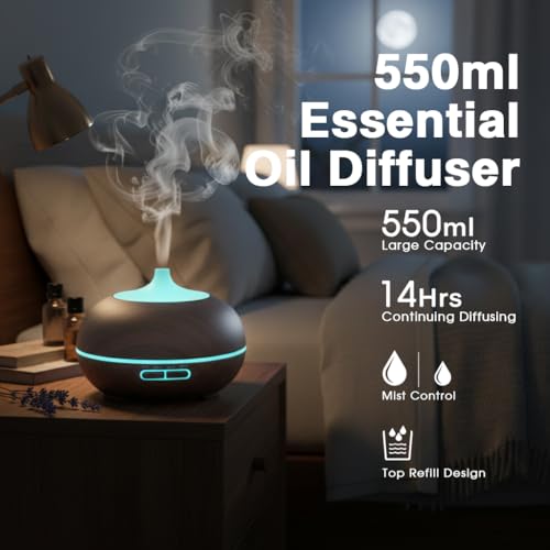 550ml Large Capacity Essential Oil Diffuser with 6 Essential Oil Set, Aromatherapy Ultrasonic Air Humidifier with Timer Se...