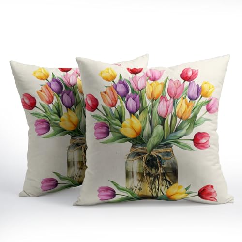Anyako Spring Summer Colorful Flowers Throw Pillow Covers 18X18 Inches Set of 2 Tulip Floral Mason Jar Pillowcase Soft Cot...