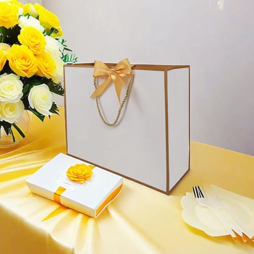 TKSBAG 12PCS Gift Bags Medium Size with Handles, 12.5 x 9.8 x 4.3 In White Gold Thank You Bags with Bow Ribbon for Weddin...