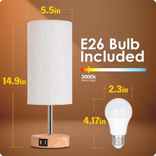 Yarra-Decor Bedside Table Lamp with USB Port - Touch Control for Bedroom Wood 3 Way Dimmable Nightstand Lamp with Round Fl...