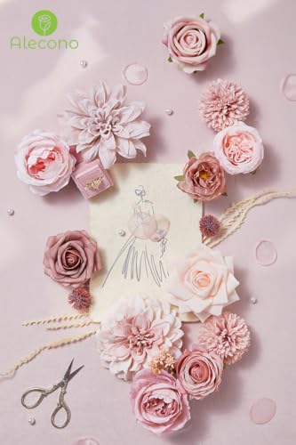 Alecono Artificial Flowers, Dusty Pink Silk Fake Flowers for DIY Wedding Bridal Bouquets, Wedding Cake Flowers for Table C...