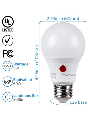 TORCHSTAR Dusk to Dawn Light Bulbs Outdoor, Sensor A19 LED Light Bulb, Auto on/Off Photocell Automatic for Outdoor Lightin...