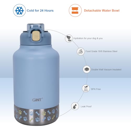 GiNT 37oz Insulated Stainless Steel Dog & Human Water Bottle, All-in-1 Travel Dispenser with Detachable Bowls & Carrying C...