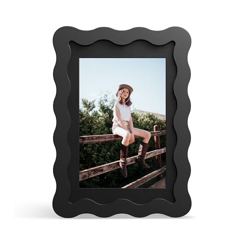 THKRLOF 4x6 Picture Frame with Mat for 3.5x5, Wavy Edge Wooden Real Glass Photo Frame for Tabletop and Wall Hanging, Blac...