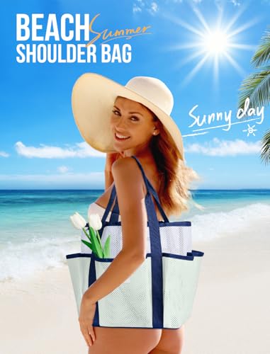 nemeki Mesh Beach Bag for Women Small Beach Tote Bag Sandproof Foldable Swim Pool Bag with 8 Pockets for Travel