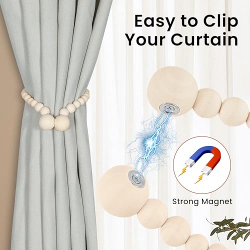 KLOGTSIND Magnetic Curtain Tiebacks, Curtain Holdbacks for Curtains 2 Pack, Wood Bead Curtain Holders for Boho Bedroom Dec...
