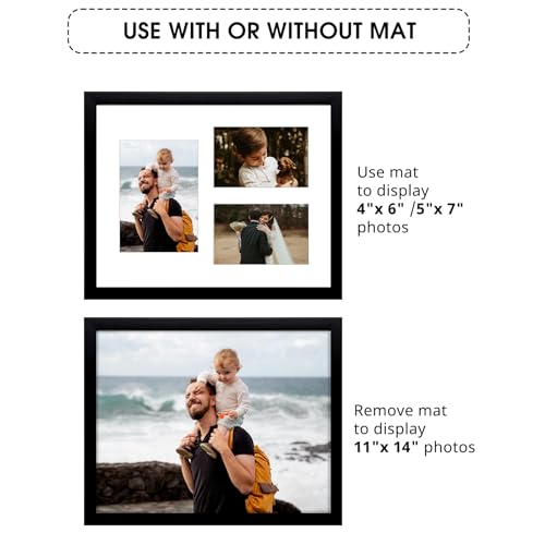 Golden State Art, 11x14 Black Wood Picture Frame - White Mat for 5x7 and 4x6 Photos - Real Glass, Sawtooth Hanger, Swivel ...