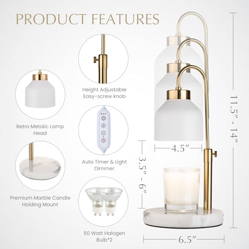 Marble Candle Warmer Lamp with Timer & Dimmer - Adjustable Height Electric Wax Melt Warmer fit for All Jar Candle Sizes, P...