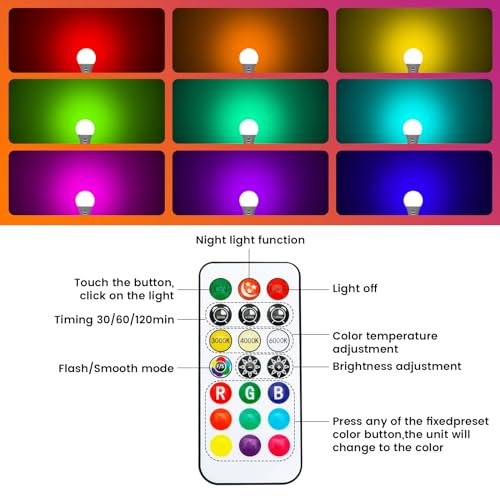 LED Rechargeable Light Bulbs With Remote ＆ Touch Dimmable, E26 Battery Operated Light Bulb for Lamps, RGB 12 Colors, 2600m...