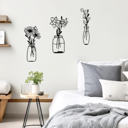 Zzbakress 3 Piece Metal Flowers and Vases Wall Decoration Minimalist Art Wall Sculpture Daffodils Chrysanthemum Eucalyptus...