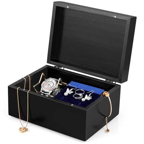 DRASTAR Small Keepsake Box, Black Wood Memory Box with Hinged Lids, Wooden Jewelry Storage Box,3x5, 4x6 Decorative Card Bo...