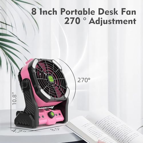 RUNTOP Camping Fan with LED Light, 20000mAh Rechargeable Battery Powered Outdoor Tent Fan with Hook,High Speed 270°Rotatio...