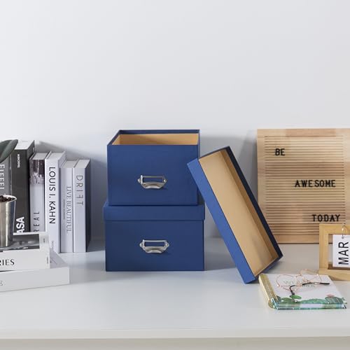Soul & Lane Blue Decorative Cardboard Storage Boxes with Lids, Set of 2 Stacking Keepsake Photo and Memory Boxes for Home...
