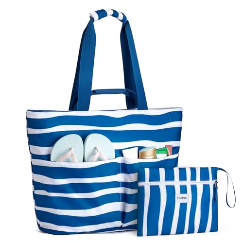 G4Free Beach Bags for Women Sandproof Foldable Beach Bag Tote with Waterproof Compartment Pool Travel