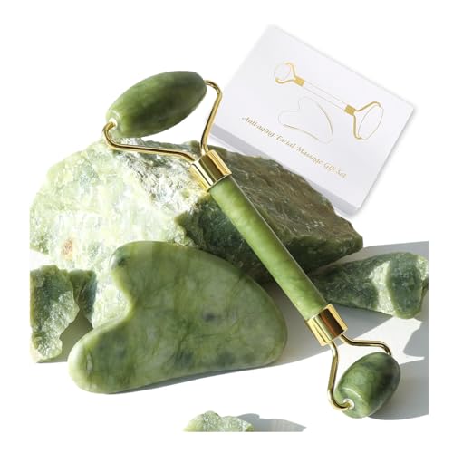Jade Roller Gua Sha Facial Tools & Scraping Skin Care Tools Kit, Self Care Gift for Men Women (Green)