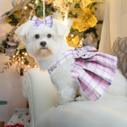 Dog Dress Bowknot Harness Leash Set for Small Dogs Girl Cute Plaid Dog Dress Pearls Bow Tie Spring Summer Princess Clothes...