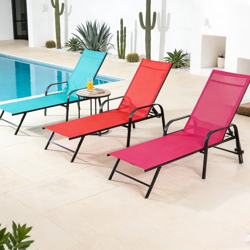 Simple Delxue Folding Chaise Lounge Chair with 5 Reclining Positions, Beach Recliner Chair with Armrests, Textilene Fabric...