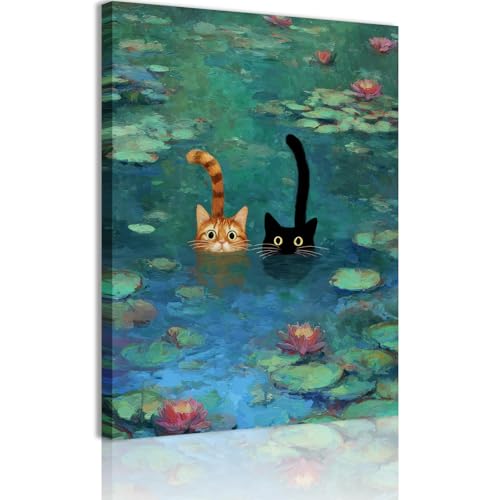 Funny Cat Canvas Wall Art Impressionist Water Lily Painting Picture Wall Decor Modern Cute Animal Lover Poster Print Artwo...