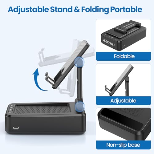 JTEMAN Cell Phone Stand with Bluetooth Speaker, HD Stereo Sound & Anti-Slip Base, Foldable Adjustable Desktop Phone Holder...