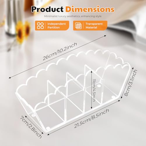 Novacrylion Scalloped Acrylic Pencil Holder – Clear Desk Organizer with 4 Compartments – Makeup Brush Holder & Remote Cadd...