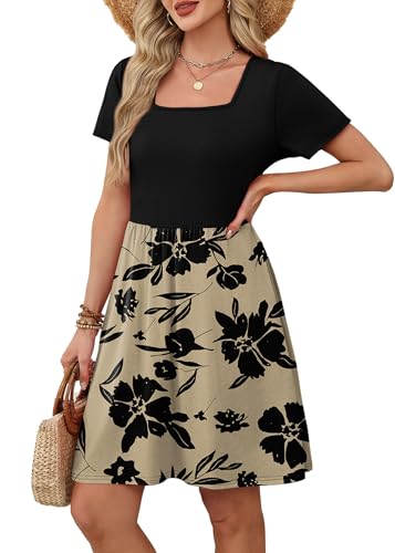 OFEEFAN Womens Summer Dresses 2025 Short Sleeve Square Neck Casual Sundresses with Pockets A-Line Color Block