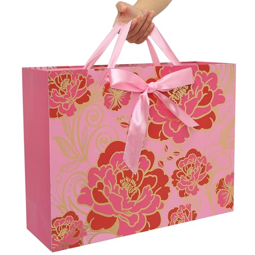16.5" Extra Large Rose Pink Gift Bag Set with Greeting Card and Tissue Paper(Foil Traced Flowers) for Celebrating Birthday...