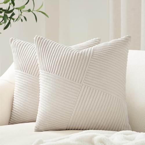 Topfinel Cream White Decorative Neutral Throw Pillow Covers 18x18 Inch for Couch Sofa Bed, Soft Corduroy Striped Patchwork...
