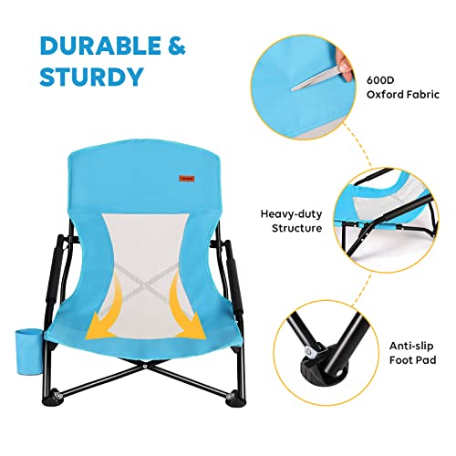 TOBTOS Low Beach Chair for Adults 2 Pack, Low Profile Folding with Cup Holder & Carry Bag, Heavy Duty Chair for Outdoor Sa...