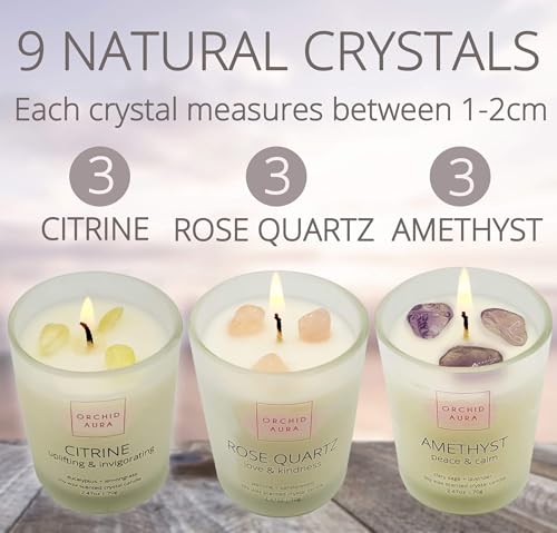 ORCHID AURA Soy Candles with Healing Crystals. Citrine, Rose Quartz, Amethyst Crystal. Eucalyptus + Lemongrass, Jasmine + ...