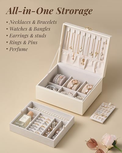 pickpiff 2 Layer Jewelry Box Organizer for Women, Jewelry Organizer with Handle & Removable Tray, Necklace Holder Ring Ear...