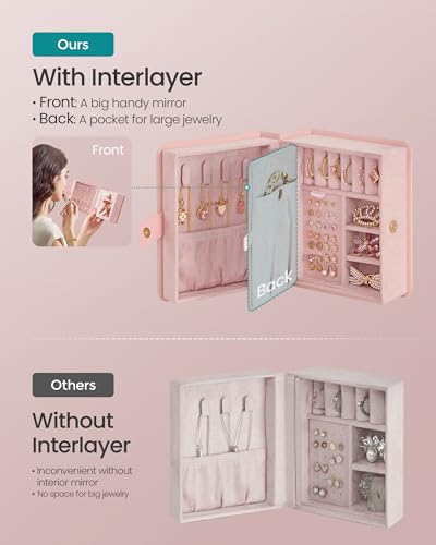 SONGMICS Jewelry Box Organizer with Mirror, Travel Jewelry Case with Pocket for Bracelet, Interlayer, 4.6 x 5.2 x 2.8 Inch...