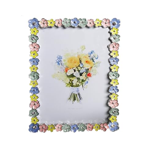 XinZhiRun Metal Picture Frame Silver Plated with Rainbow Flower Enamel Lovely Flowers Photo Frame 5 x 7 inch for Home Deco...